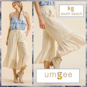 Umgee Ruffled Hem Wide Leg High Waist Pant W/Lace